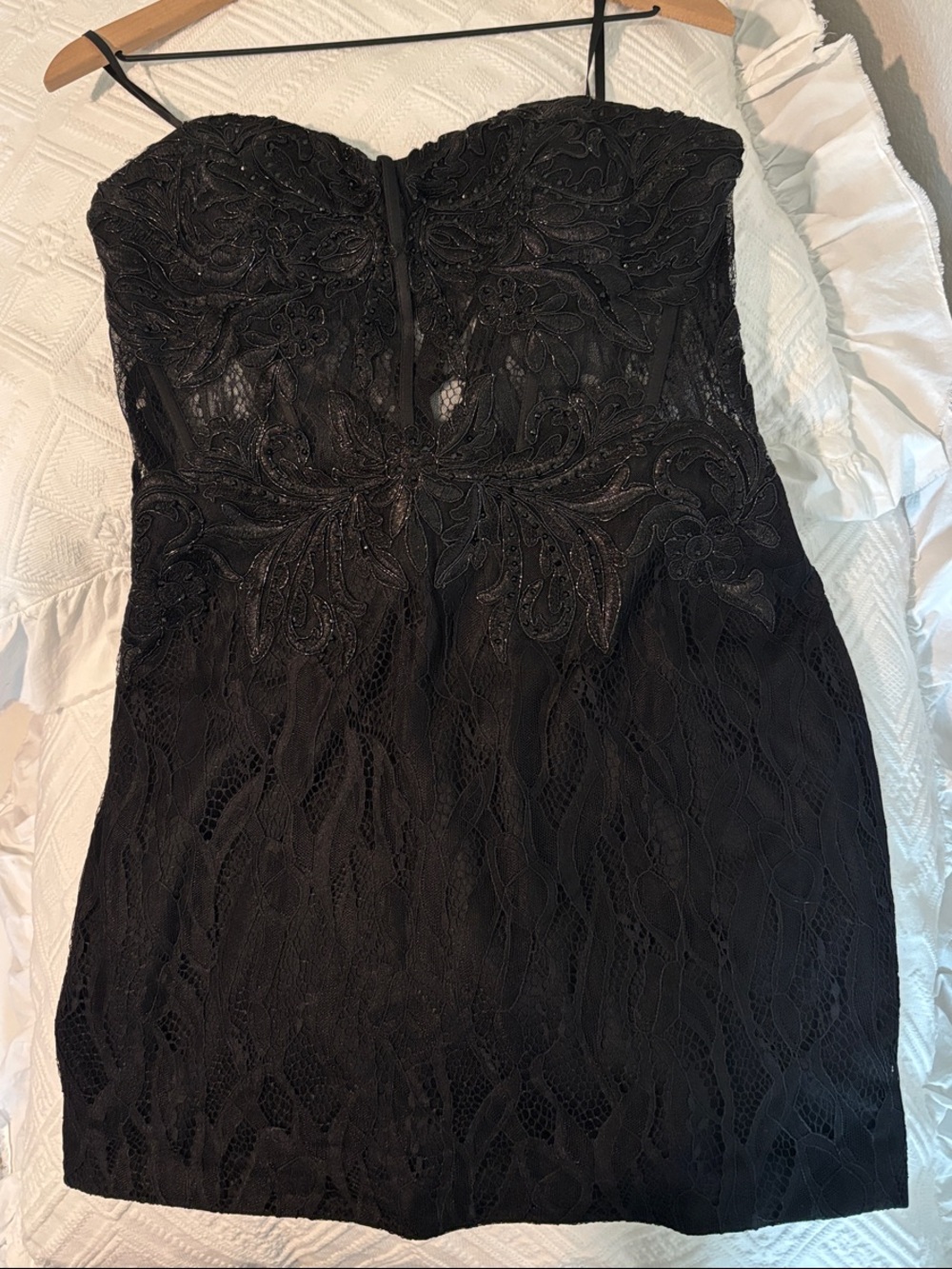 Gianni Bini Black Strapless Lace Mini Dress with Beaded Accents